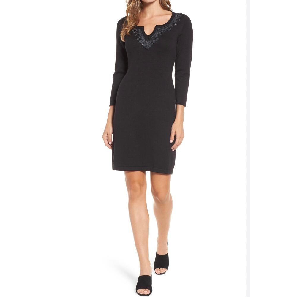 Tommy Bahama Black Pickford Embellished Split Neck Sweater Dress 3/4 Sleeve Sz S